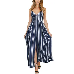 2021 Women Fashion V Neck Boho Dress Bohemian Stripe Slit Dress casual dress