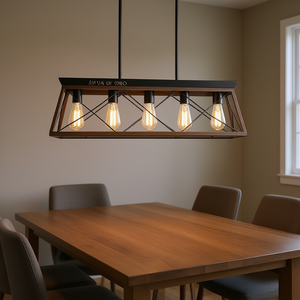 Lustre suspendu moderne en noyer industriel à 5 lumières, design cage métallique réglable, pour salle à manger - Product Image 2