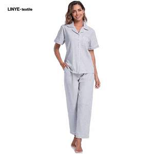 Mùa đông dài 100% cotton hữu cơ sang trọng ngắn tay của phụ nữ đồ ngủ thiết lập thoáng khí thoải mái phía trước Logo - Product Image 1