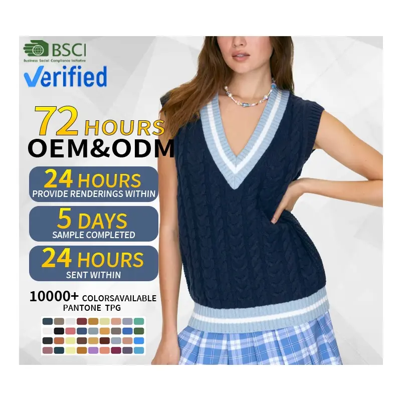 Custom LOGO OEM & ODM Women Cable Knit Sweater Vest Luxury Designer Navy Merino Wool Cotton V Neck Sleeveless Knit Top Vest