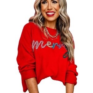 Shewin Venta al por Mayor Nueva Ropa de Boutique Otoño Invierno Logotipo Personalizado 2025 Suéter Holgado con Hombros Caídos y Letras Festivas Rojo Fuego con Lentejuelas - Product Image 1