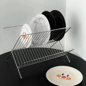 X Shaped Foldable Dish Rack Double Layer Countertop With Drip Tray Kitchen Dish Storage Rack L Size Folding Draining Rack - Product Image 1