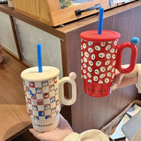 Mug à paille officiel Doraemon avec couvercle et paille, grande capacité, usage domestique, en céramique, coffret cadeau avec cuillère