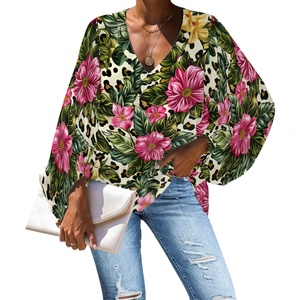 Custom Womens Ruffle 3/4 Sleeve Polyester Flowers Printed Chiffon Blouses Loose <strong>Flowy</strong> <strong>Tops</strong> Plus Size Women's Blouses and Shirts - Product Image 1