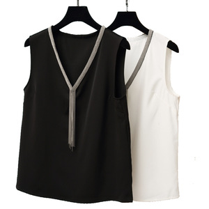 Women's V Neck Sleeveless Camisole Top With Tassel Detail Solid Color Polyester Blouse For Office Wear - Product Image 5