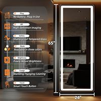 Miroir pleine longueur GKMZCGT 65x24 pouces rectangulaire avec éclairage LED, support en verre trempé, interrupteur tactile réglable, design moderne pour