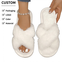 Chaussons pour femmes à lanières croisées, en peluche douce, en EVA, antidérapants, à bout ouvert, tendance, pour la maison, toutes saisons, vente en gros, logo personnalisé
