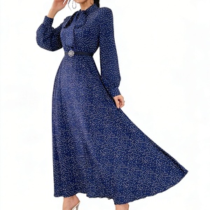 Robe longue plissée à pois pour femme, col noué, manches longues, fluide, style vintage décontracté, tendance - Product Image 1