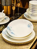 Service de table en porcelaine fine bleu et blanc, motif paysage, luxe pour la maison, les dîners, les mariages, cadeau de pendaison de crémaillère, compatible lave-vaisselle et résistant à la chaleur
