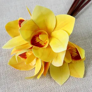 M233-orquídeas artificiales de lujo, plantas artificiales de cimbidio, ramo de orquídeas de seda con tacto Real para boda