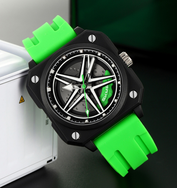 Men's Fashion Quartz Wrist Watch Color Square Glass Dial Rotating Car-inspired Silicone Strap Waterproof Watch