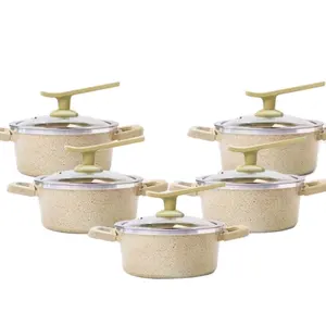 10 Pcs Die Casting Aluminum Nonstick Yellow Marble Coating Kitchen Casserole Pots With Soft Silicon Knob And Glass Lid