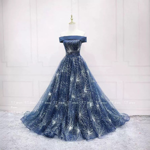 Off The Shoulder Evening Gown Dark Blue Sequins Glitter Full Length Formal Dress For Banquet Fashion Show Performance - Product Image 2
