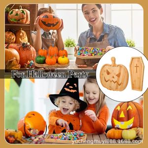 Wooden Halloween Pumpkin Serving <b>Tray</b> With Coffin Shape For Party Snacks And Decorative Use - Product Image 1