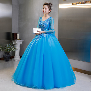 Blue Ethereal Long Evening Gown For Hostess Stage Performance Women Adult Tutu Skirt Polyester Fabric Lake Blue - Product Image 2