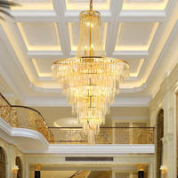 Lustre long en cristal doré de luxe à télécommande, à économie d'énergie, pour hall d'hôtel, centre commercial, escalier de grande taille et plafond haut