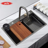 Évier de cuisine multifonctionnel en acier inoxydable noir à cuve unique, style cascade, avec robinet cascade et fonction pluie volante