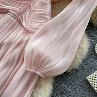 Robe élégante en mousseline de soie rose à manches longues, col haut, taille froncée, coupe midi évasée pour femmes, occasions de fête et de soirée