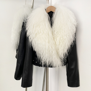 OFTBUY Manteau de luxe en fourrure naturelle de mouton de Mongolie pour <span class=keywords><strong>femme</strong></span>, veste courte en similicuir PU pour printemps-automne, style motard épais - Product Image 4