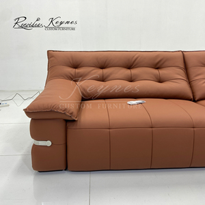 Canapé inclinable 3 places en cuir véritable Keynes, dossier capitonné, accoudoirs rembourrés, structure en bois massif, inclinaison manuelle, mobilier de salon - Product Image 3
