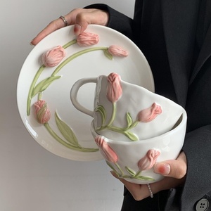 Classic Ins Style <b>Hand</b>-Painted Tulip Cup High-Value High-Relief Ceramic Western Food Tableware for Business Gifts - Product Image 5