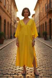 Vestido maxi caftán de lino liso color mostaza discreto para mujer, minimalista, relajado, corte A, ecológico, con cinturón, para primavera, resort y ropa de descanso. - Product Image 3