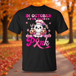 En octubre usamos camisetas rosas con estampado de fantasma para la concienciación sobre el cáncer de mama, camiseta unisex para adultos de manga corta, cuello redondo, algodón, impresión digital - Product Image 3