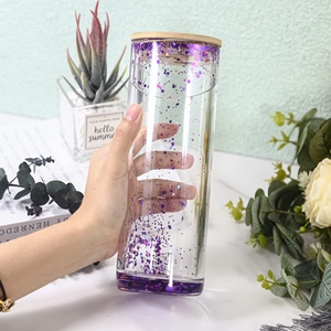 Vasos de cristal de doble pared en forma de lata de cerveza preperforada transparente de 12oz, 16oz, 20oz, Snowglobe, tazas Diy con tapa de bambú y pajita - Product Image 4