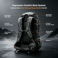 Sac à dos de randonnée unisexe ergonomique imperméable de 50 L avec support dorsal respirant, ceinture de hanche réglable, design portable pour une utilisation en extérieur