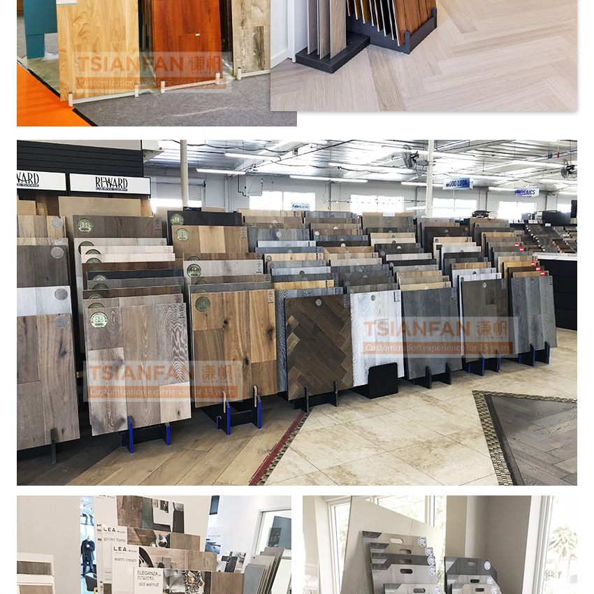 Modern customizable flip over wood panel sample rack hardwood flooring parquet laminate floors slot wood floor display rack