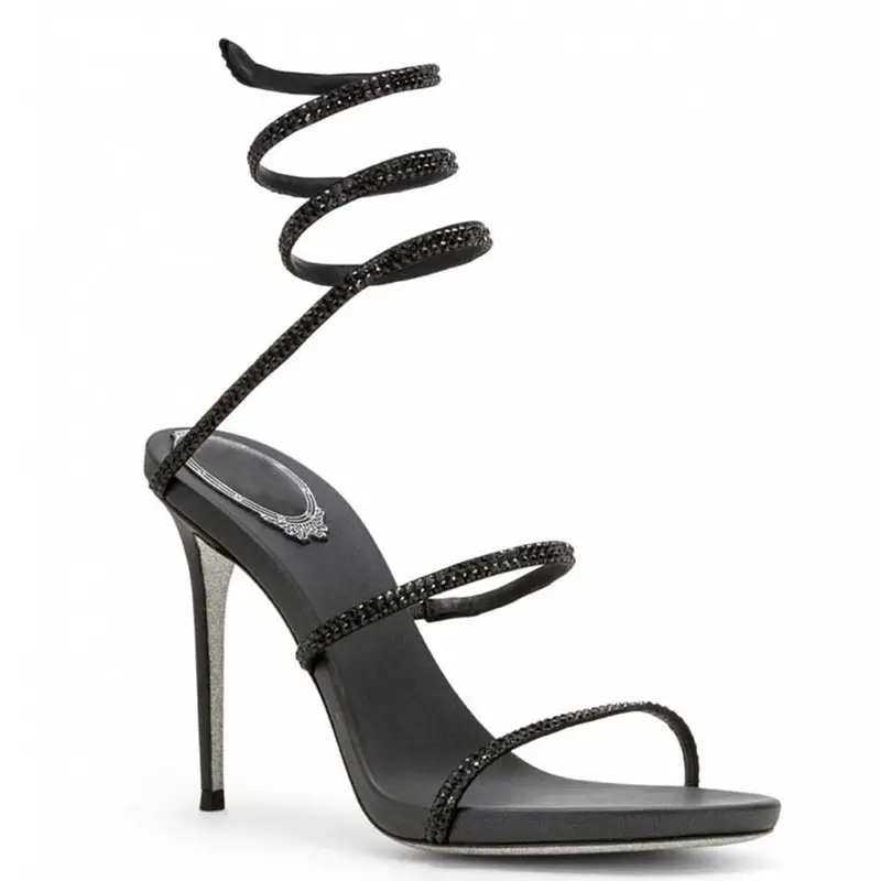 Support customize round toe designer high heels rhinestone crystal strappy heels sandals for women