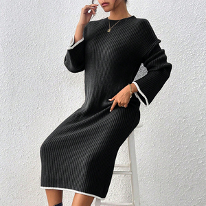 Enyami gaun kasual wanita lengan panjang, gaun pesta kasual leher bulat warna polos, gaun elegan Turtleneck rajut harian untuk wanita - Product Image 4