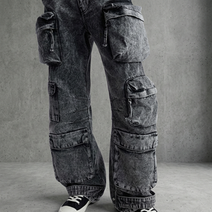 Jean cargo déchiré pour homme, grande taille, coupe droite, taille haute, en coton enduit, style décontracté, poches plaquées, fermeture boutonnée, style urbain - Product Image 2