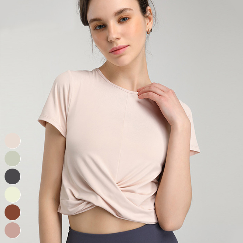 Summer Women Yoga Clothing Running Quick Dry Short Tee Crossover Hem Yoga T-shirts Short Sleeve Fitness Crop Top Sports T Shirt