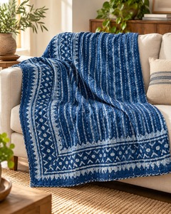 Elegante Tela de Algodón Azul Índigo Hecha a Mano con Estampado Tradicional Indio, Rayas Artísticas y Bordes Geométricos Decorativos - Product Image 4