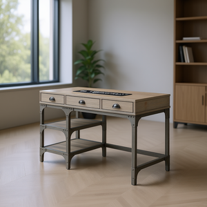 Weathered <b>Oak</b> 3 <b>Drawer</b> Writing <b>Desk</b> Antique Silver Industrial Office Furniture Freestanding - Product Image 2