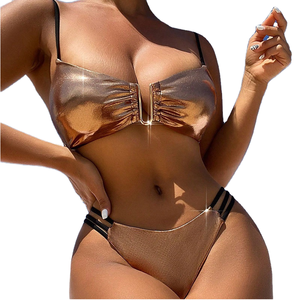 Nouvelle arrivée Robe de bain sexy pour femmes, patchwork, volants, col en V, sans bretelles, brillante, écologique, respirante, en spandex/polyester, 2 pièces - Product Image 1