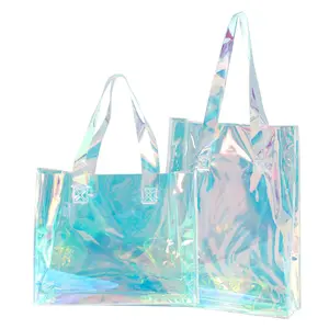 Grosir tas jinjing Hologram Laser warna-warni yang dapat digunakan kembali tas belanja Logo kustom tas Tote PVC bening Hologram pelangi