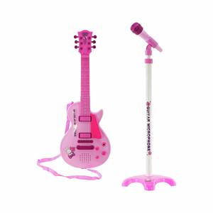<span class=keywords><strong>Guitare</strong></span> électrique rose en plastique pour filles avec microphone, 6 cordes, support réglable, <span class=keywords><strong>8</strong></span> morceaux de démonstration, jouet musical éducatif - Product Image 1