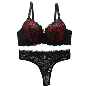 Conjunto de sujetador y braga de encaje para mujer con aros, negro, copa 3/4, con relleno moldeado, tanga transpirable, lencería - Product Image 5