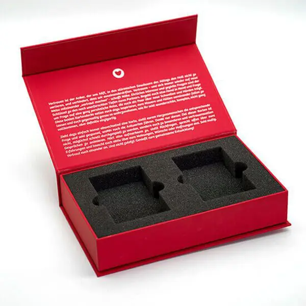 Caixa de presente de papelão rígido com tampa magnética vermelha laranja luxuosa com logotipo personalizado com inserção de espuma Eva