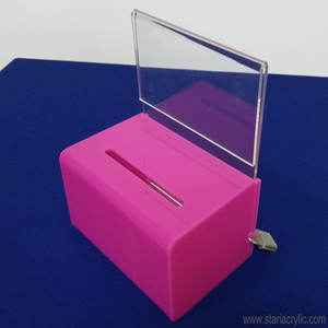 Boîte de don en acrylique <span class=keywords><strong>rose</strong></span> pour collecter des fonds Boîte de collecte de bulletin de vote avec fente et serrure Boîte de dessin pour tirage au sort - Product Image 6