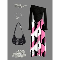 Ensemble deux pièces élégant et tendance pour filles, haut à épaules dénudées cintré et froncé, pantalon large à imprimé géométrique, 100% polyester