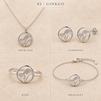 Ensemble de bijoux minimalistes en argent sterling 925 personnalisé avec collier, boucles d'oreilles, bague et bracelet en forme de feuille de ginkgo, fabricant OEM