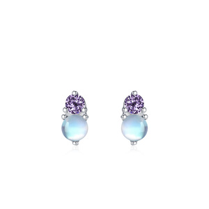 Pendientes Personalizables de Plata de Ley S925 con Circonita Púrpura y Piedra Lunar de Corte Redondo - Exclusivo para Mujer - Product Image 1