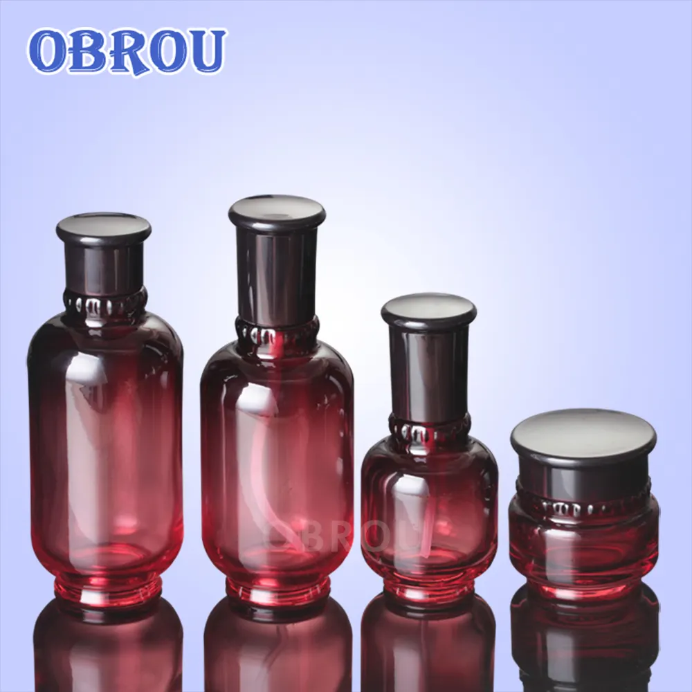 Obrou hot sales 50ml 150ml 180ml wine red cosmetics lotion pump glass bottle 50g face cream jar