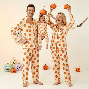 Conjunto de Pijamas Familiares de Bambú Personalizados para Halloween, Estampado de Esqueleto, Fantasma y Calabaza, Manga Larga, Ropa de Dormir para las Fiestas - Product Image 1