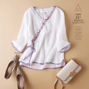 Women's Chinese Style Cotton <b>Linen</b> <b>Top</b> V-Neck Embroidery Three Quarter Sleeve Loose Fit Breathable Summer T-Shirt - Product Image 2