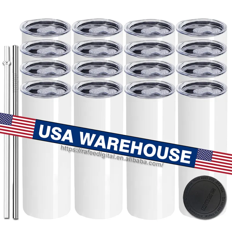 USA Warehouse 20 Oz 20 Oz Tumbler Sublimasi Kosong Lurus Kurus Ramping Baja Tahan Karat Berdinding Ganda dengan Sedotan Plastik