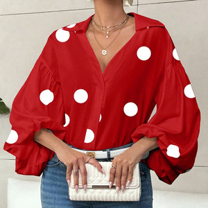 Blus Wanita Grosir Motif Polkadot V-Neck Lengan Panjang Mengembang Model Longgar - Product Image 3